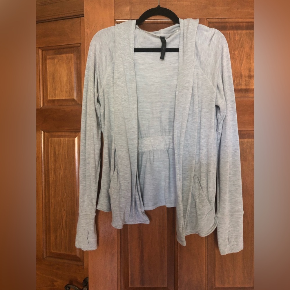 Women’s large hooded yoga jacket , heather gray, 96 %Rayon, 4% Spandex